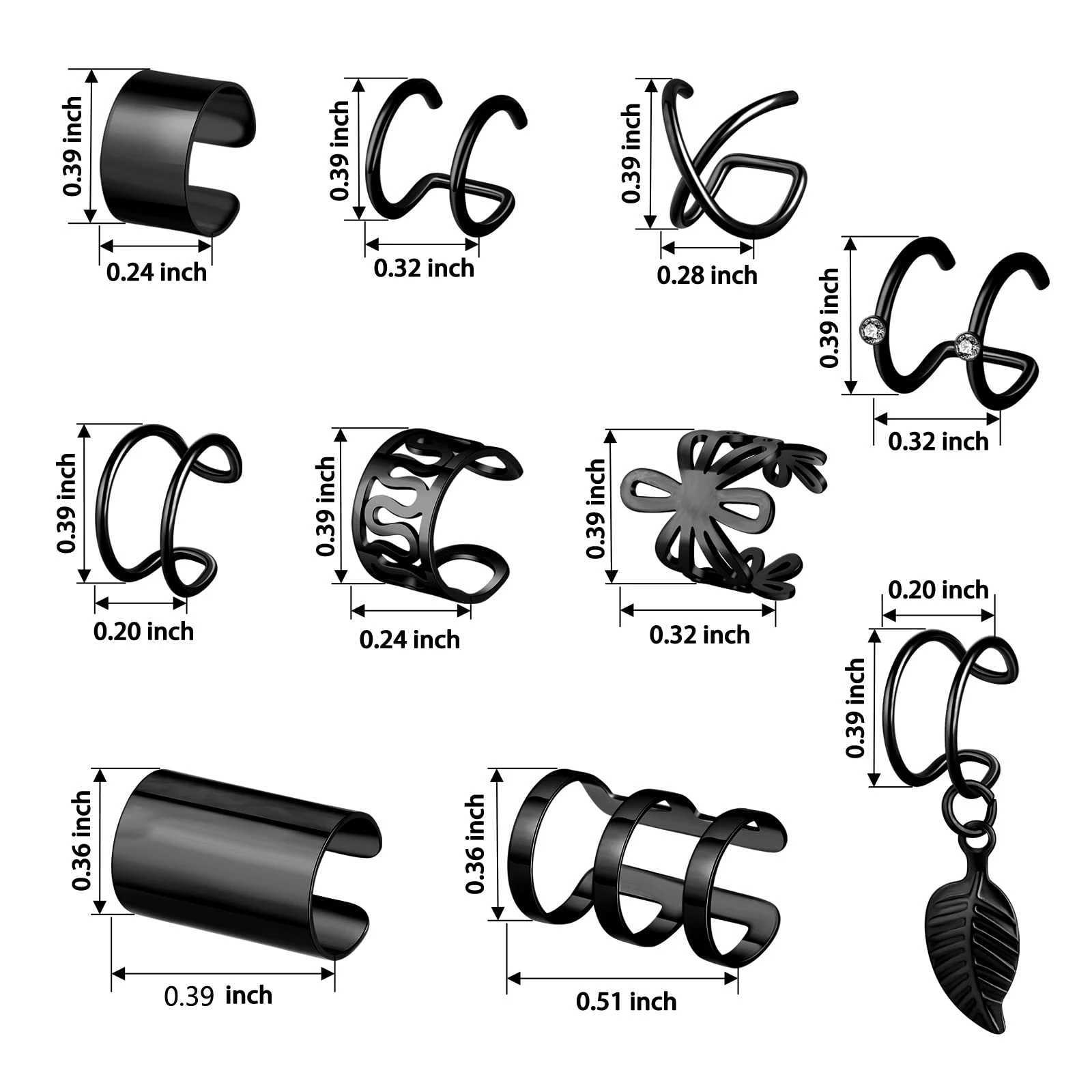 2-20Pcs Black Stainless Steel Adjustable Ear Cuff Wrap Clip On Earrings Fake Non Piercing Cartilage Helix Hoop Earrings SetX240913