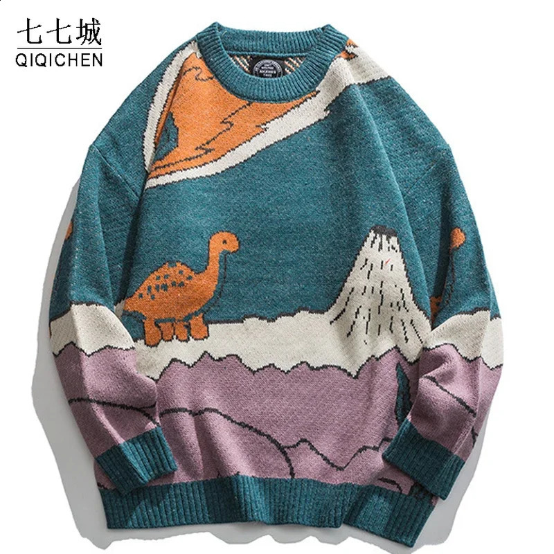Harajuku Cartoon Dinosaur Knitted Sweater Mens Winter Womens Retro Floral Casual Japanese Street Clothing Unisex 240906