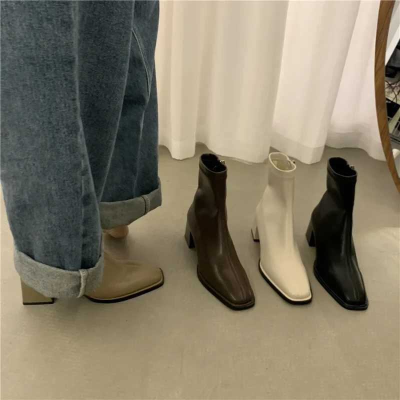 Square Toe Women Ankle Boots Flock Stretch Shoes Thin Mid Heels Black/Brown/Beige Back Zipper Dress Sock Boots Woman Size 35-40 M240912