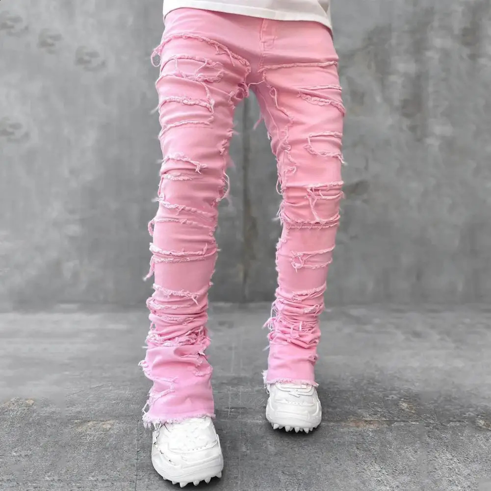 Mens Stacked Jeans Fit Ripped Jeans Destroyed Straight Denims Pants Vintage Hip Hop Trouser Streetwear 240912