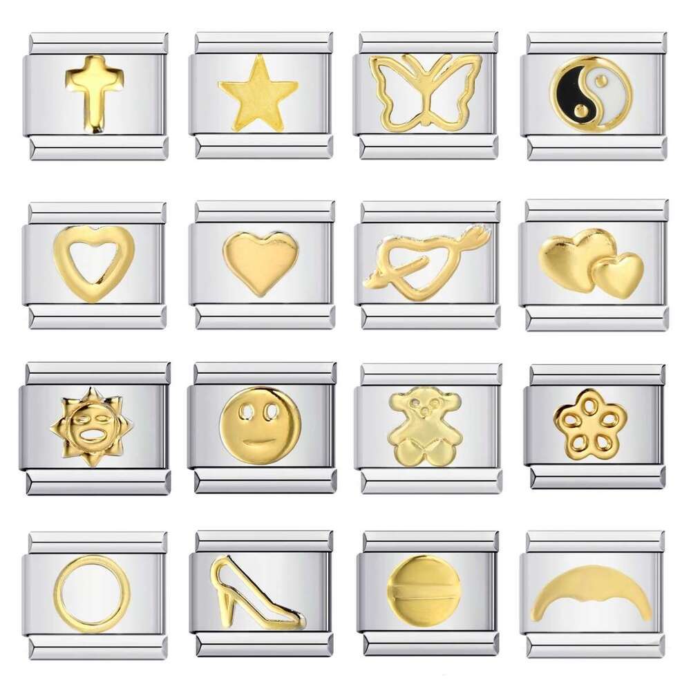 Titanium Gold-Plated Stamping Pattern Enamel DIY Bead Bracelet Italian Charm Links Stainless Steel Fit 9Mm Jewelry Making Gifts