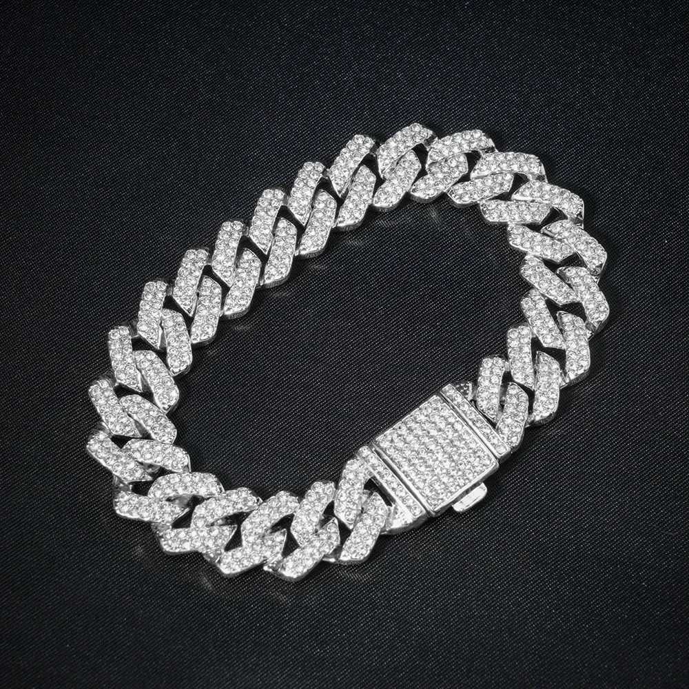 Shiny Hip Hop 15mm Cuban Link Chain Bracelet For Men Silver Color Iced Out Rhinestone Miami Bracelets Punk Women with Box ClaspX240913