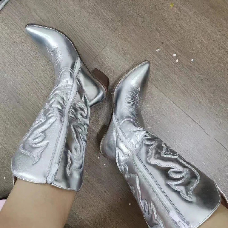 Gold Mid-calf Boots Woman Side Zipper Silver Pointed Western Cowboy Boots Retro Fashion Black Boots Plus Size 36-43 Women Boots 240910