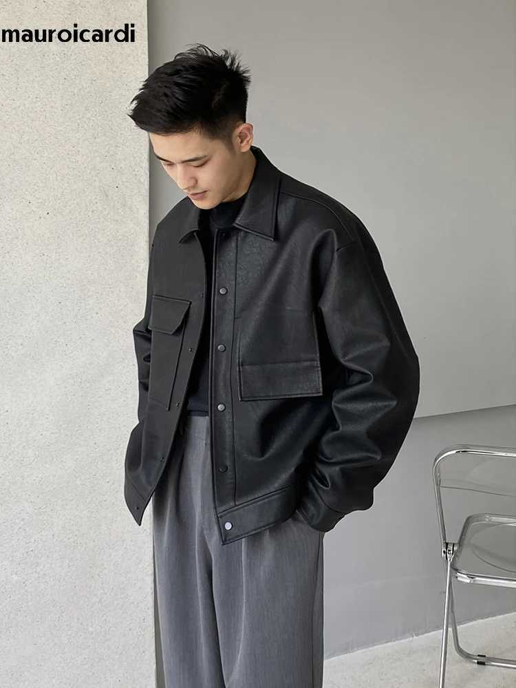 Mauroicardi Spring Autumn Cool Short Matte Black Pu Leather Jacket Men Turn-down Collar Pockets Loose Casual Korean Clothes 2024X240913