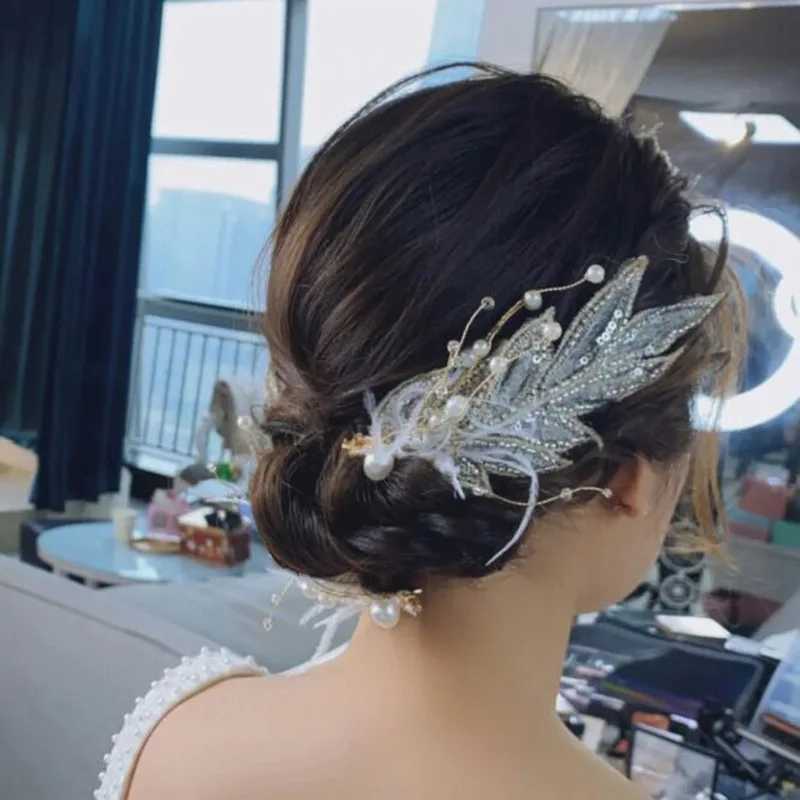 Feather Hair Clips Tiaras Bride Hair Jewelry For Women Crystal Pearl Hairpin 2022 New Fashion Barrettes Lady Wedding HeadpieceX240913