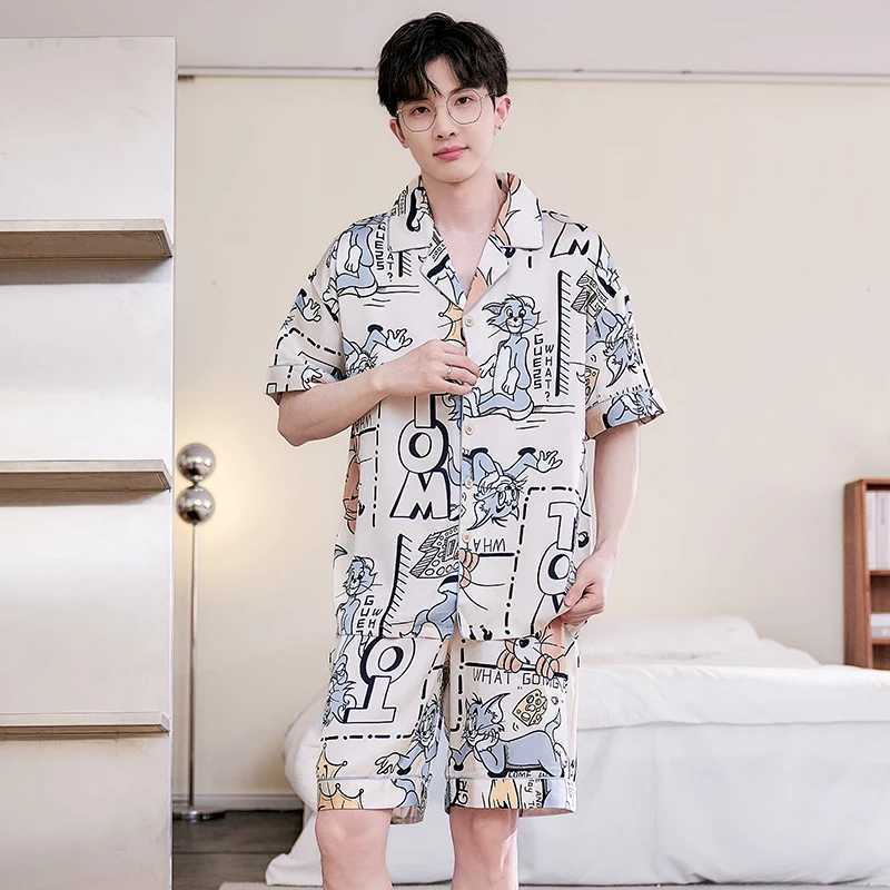 2024 Summer Men Sleepwear Big Size Pajamas Male Ice Silk Cute Pijama With Shorts Pants Satin Nightwear Clothes Modern Nightgown Y240913