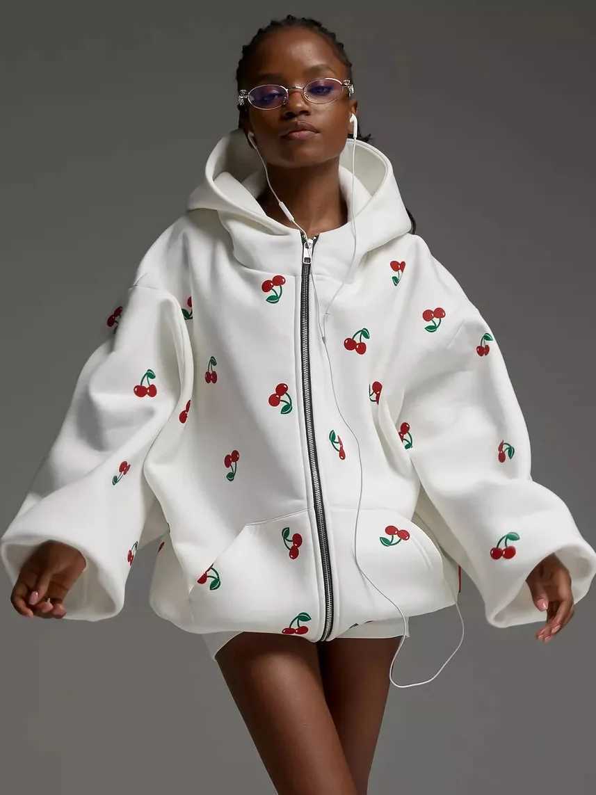 Autumn Women Sweatshirt White Cherry Print Hooded Cardigan Loose Hoodies With Pocket Zipper Outerwear Females Jacket Tops M240912