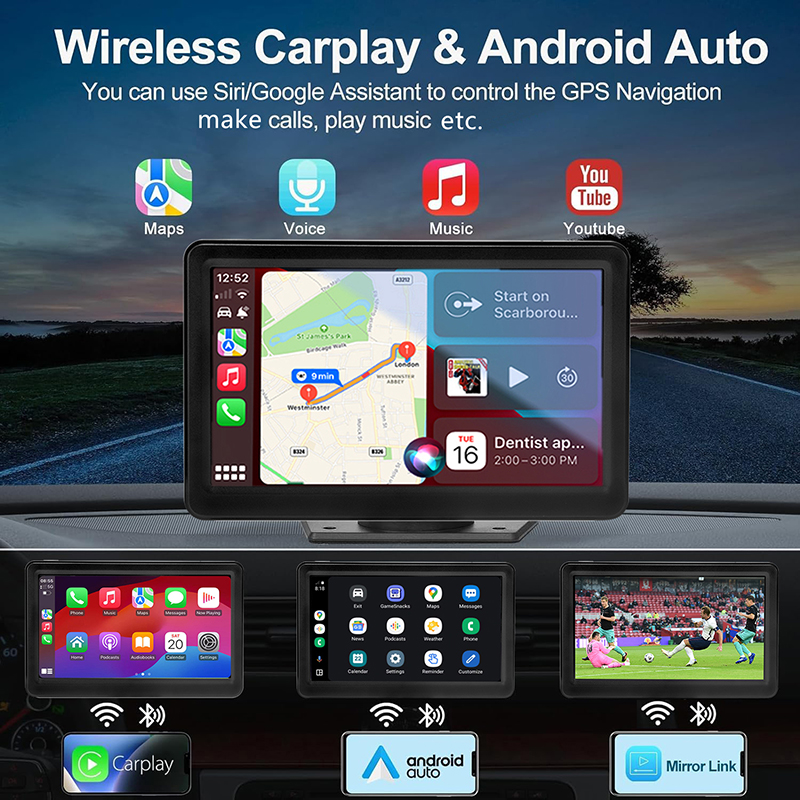 7 inch HD Car Stereo Wireless Carplay Screen for Car, Wireless Android Auto Screen, Car Audio Receivers with Voice Control, Mirror Link, Bluetooth, FM