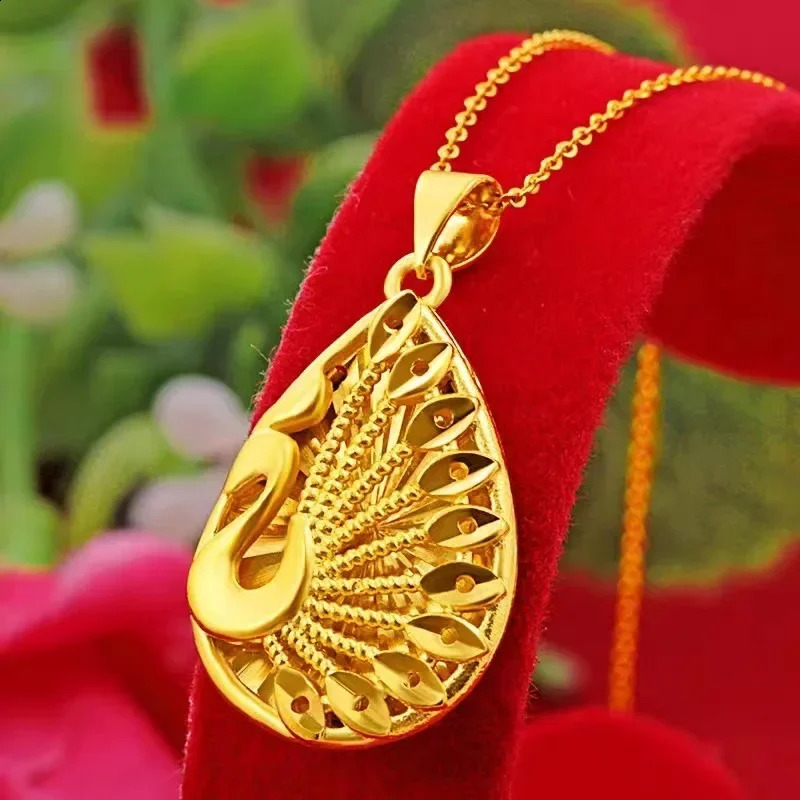 Pure gold 999 real 24K water drop peacock pendant wedding ancient necklace hollow women Necklace AU750 240912