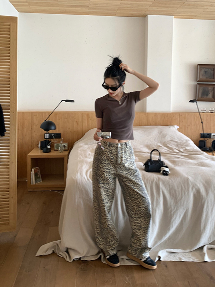Gothic Women's Leopard Print Vintage Casual Streetwear High Waist Loose Trashy Pants Y2K Baggy Trouser Denim Jeans