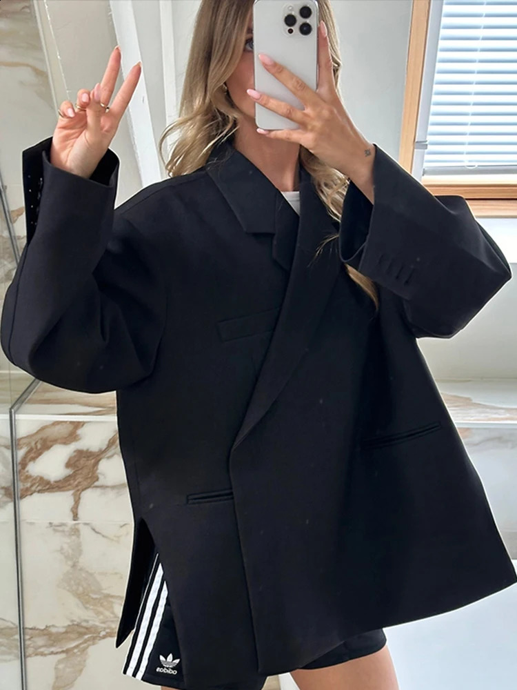 Fashion Lapel Suit Blazer Women Casual Long Sleeve Side Slit Hidden Buckle Gray Jacket Top Lady Loose High Street Outerwear 240904