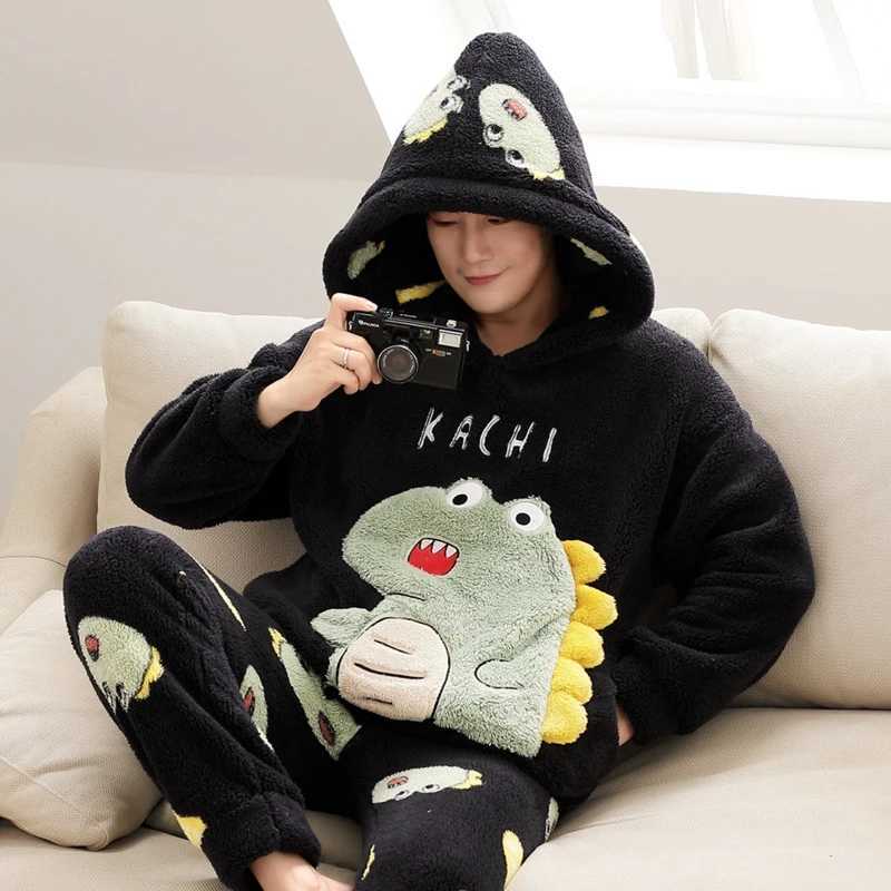 Cute Pajamas For Men Thick Plush Fleece Pajama Sets Winter Coral Velvet Warm Flannel Clothes Home Suit Male Sleepwear Y240913