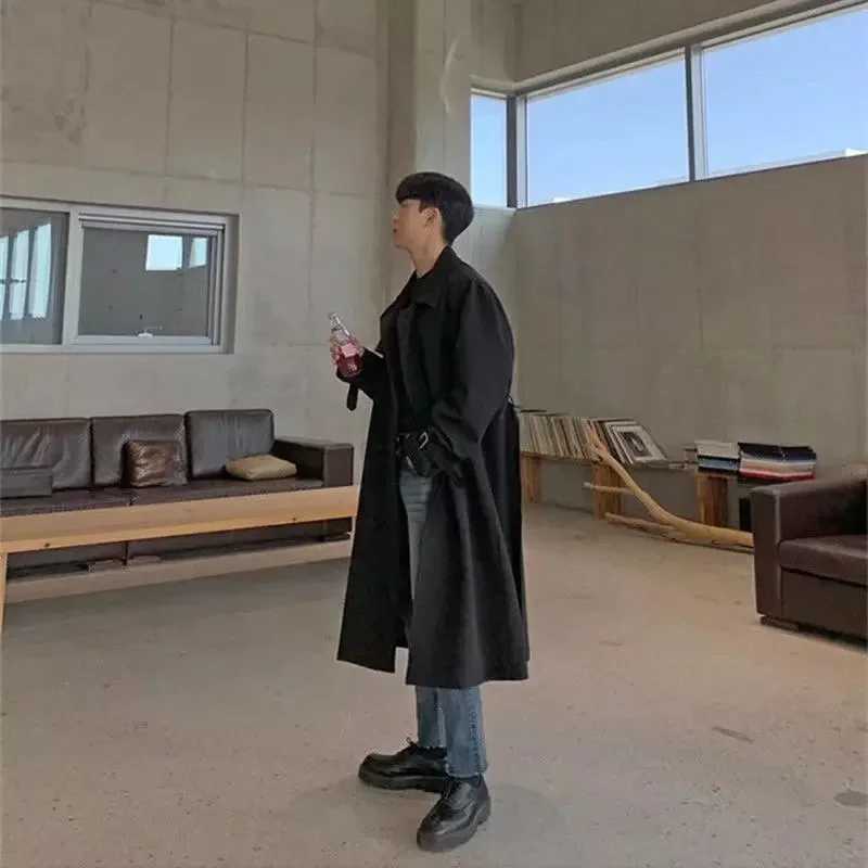 Khaki Black Trench Coat Men Fashion Autumn Oversized Long Coat Men Korean Loose Windbreaker Jacket Mens Overcoat Y240913