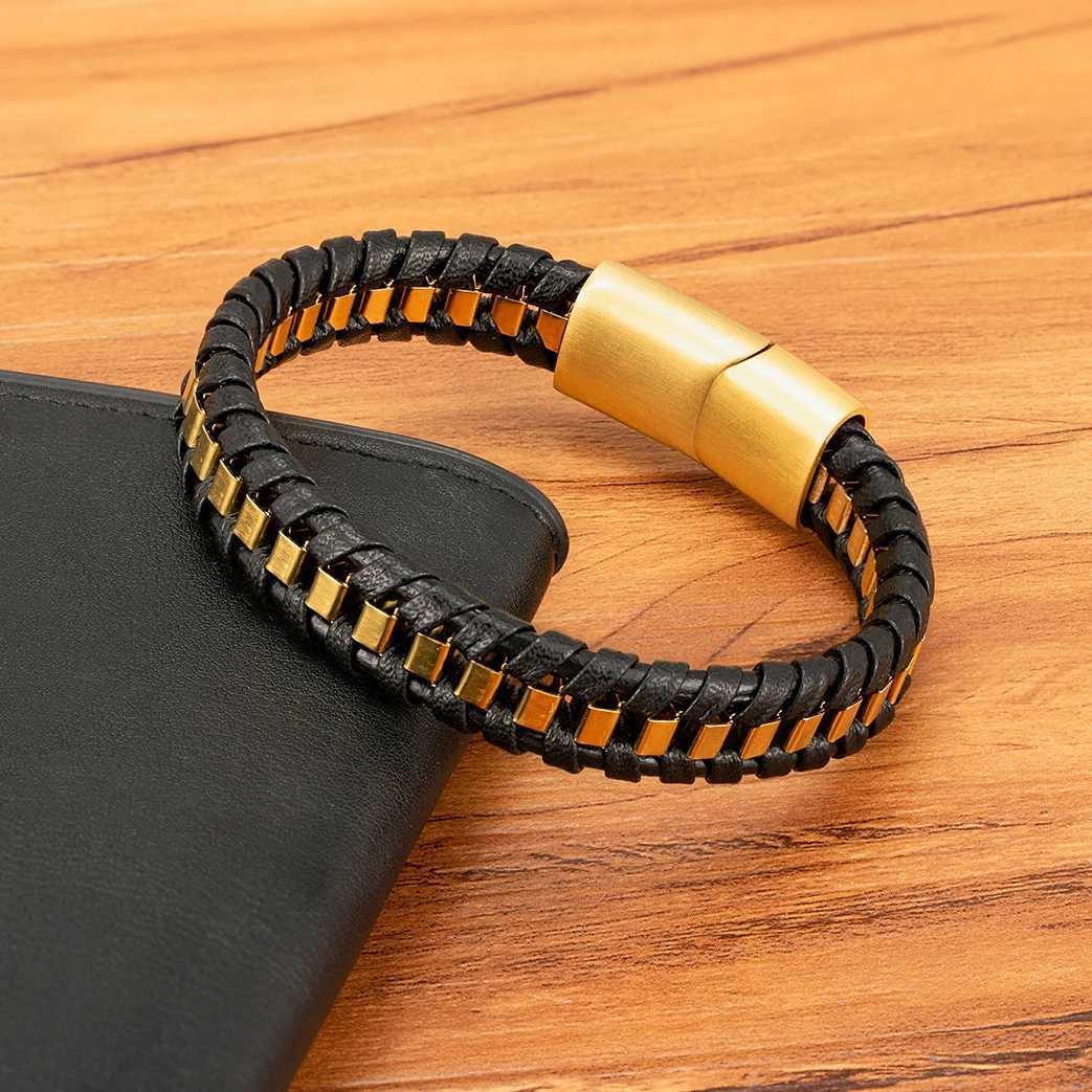 XQNI Braided Rope Woven Black Leather Men Bracelets Punk Style Stainless Steel Bangle for Friend Charm Fashion Jewelry GiftsX240913