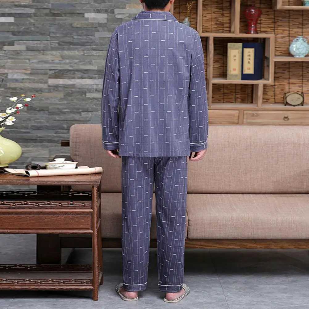 Men Pajama Set Mid-aged Fathers Spring Summer Pajamas Set with Long Sleeve Shirt Wide Leg Pants for Comfortable Homewear Y240913