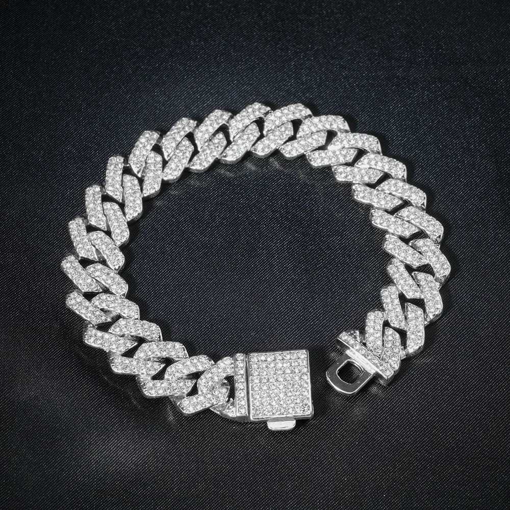 Shiny Hip Hop 15mm Cuban Link Chain Bracelet For Men Silver Color Iced Out Rhinestone Miami Bracelets Punk Women with Box ClaspX240913