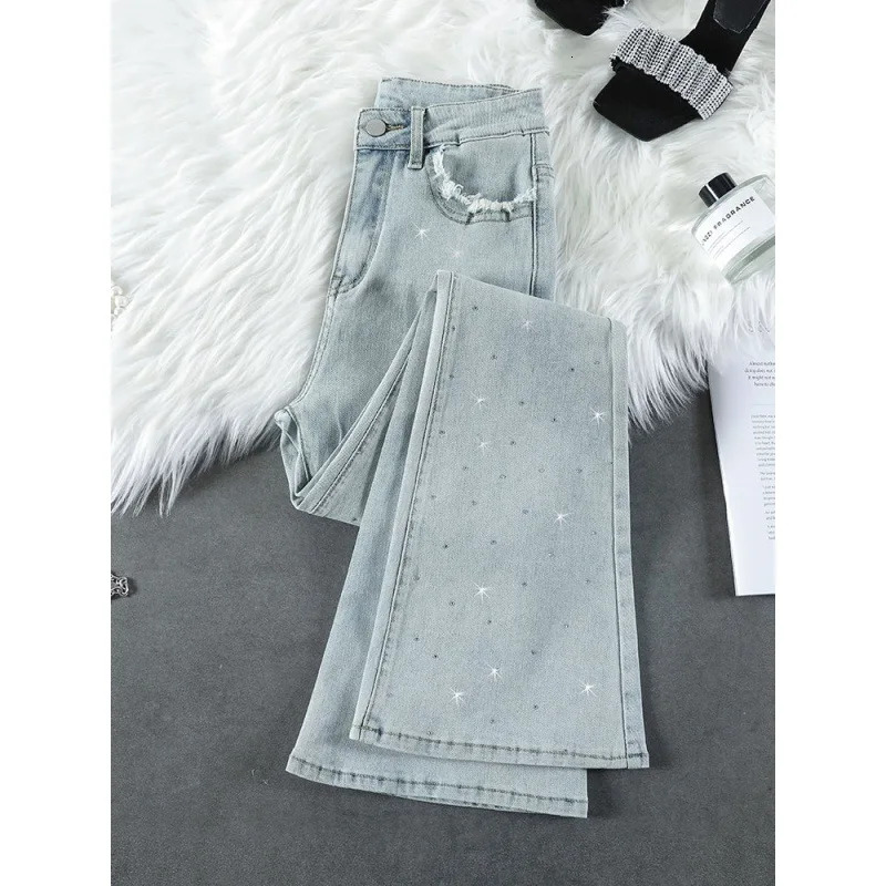 2024 New Summer Thin High-waisted Jeans Women's Bell-bottom Pants Rhinestone Micro-flared Style Light Color Ladies