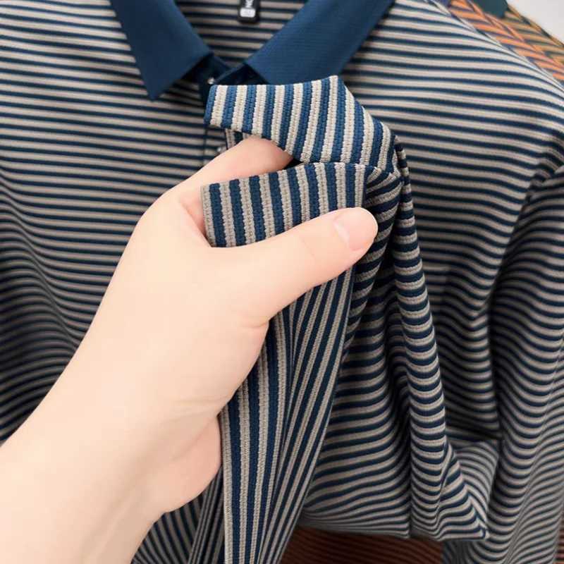 High end luxury brand mens polo shirt 2024 autumn fashion striped pocket ice silk long sleeved casual trend lapel mens clothing W240913