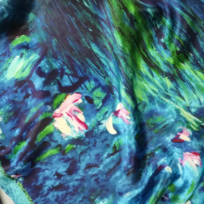 Claude Monets Oil Painting 100% Mulberry Silk Scarf Women Abstract Water Lily Print Shawls and Wraps Foulard Femme Long Bandana 240909