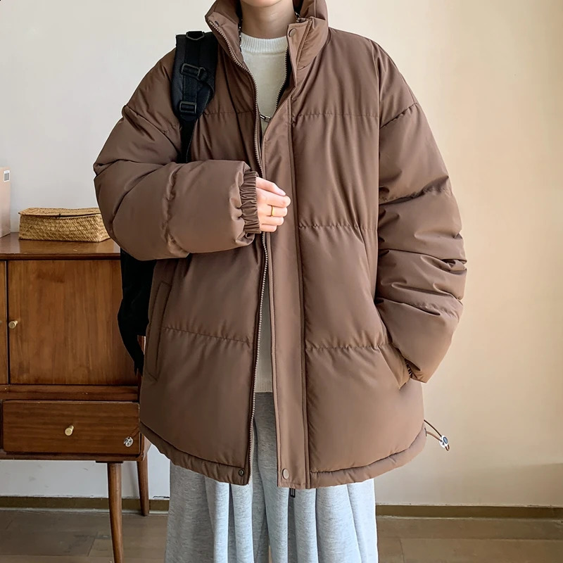 Leisure autumn and winter mens warm cotton lined jacket loose and thick Parkas solid color windproof down jacket 240909