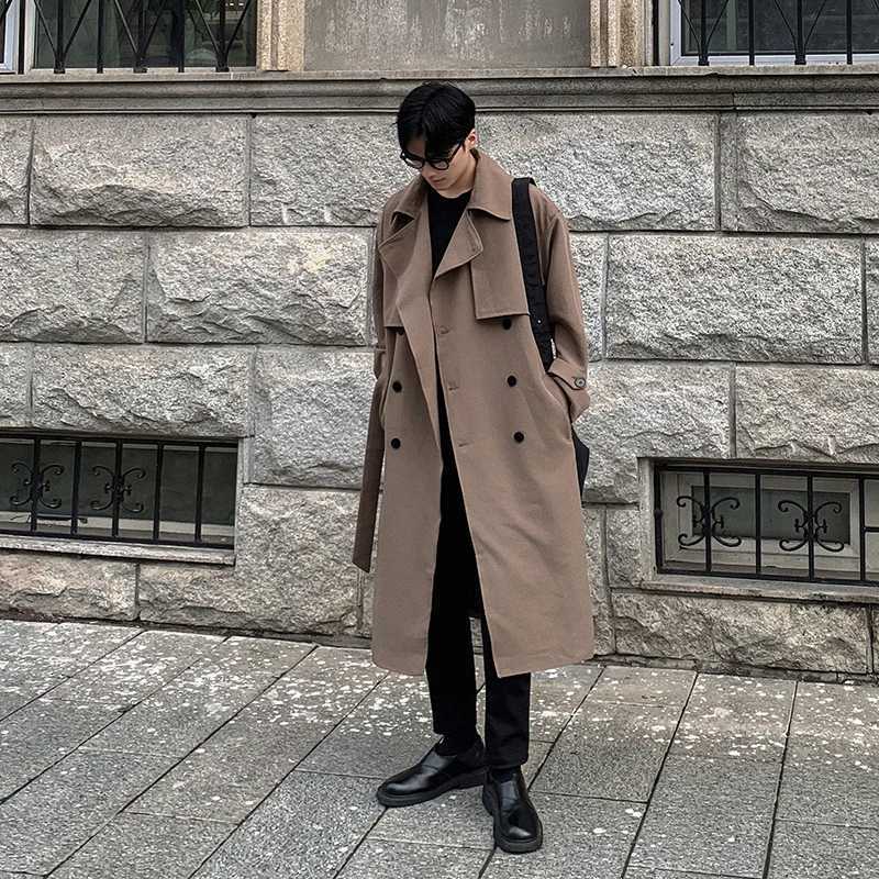 FEWQ Mens Long Over Knee Windbreaker Coat Double Breasted Solid Color 2024 Korea Fashion Long Sleeve Male Trench 24E2055 Y240913