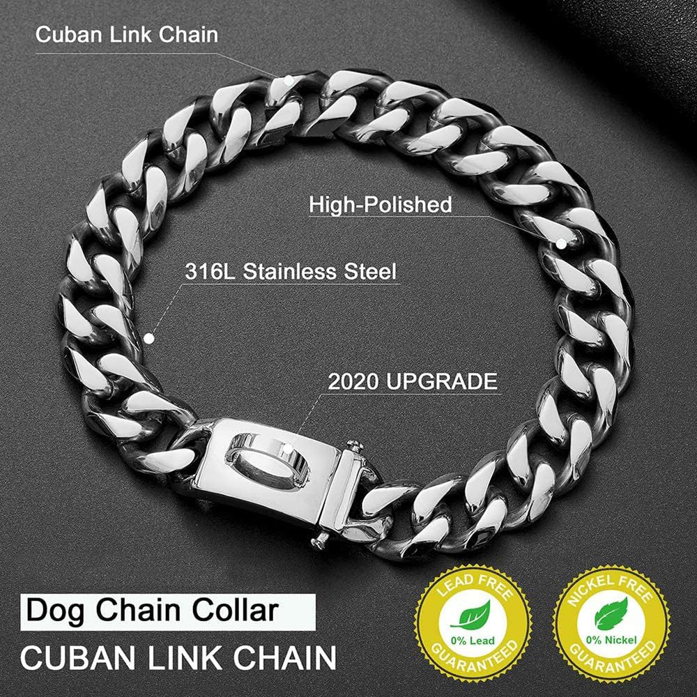 Big Dog Chain Collar with Buckle Strong Heavy Duty 19MM Thick Wide Stainless Steel Metal Cuban Link Chain Collar for Large Dogs