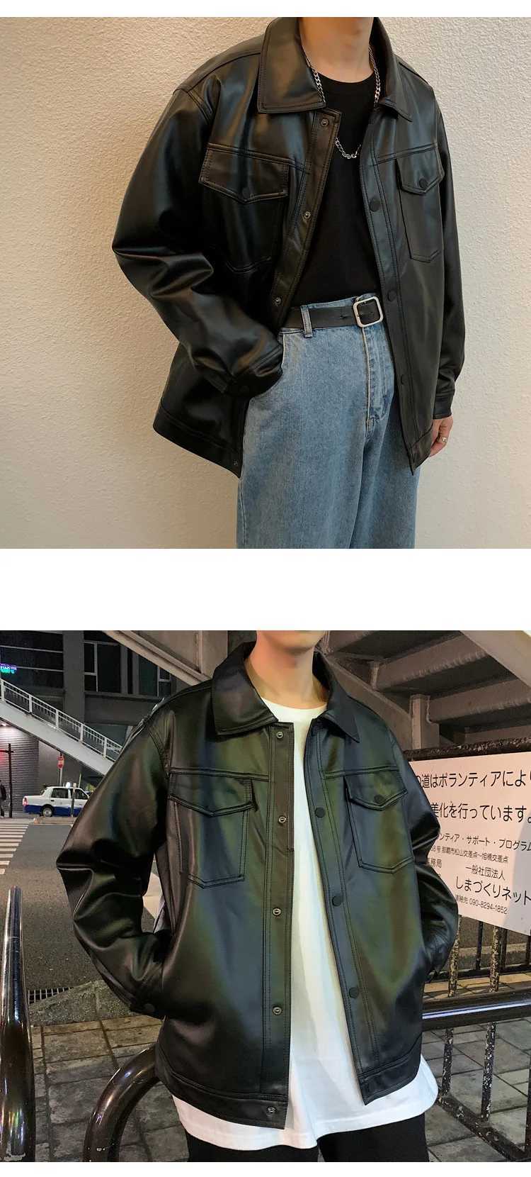 Leather Jacket Mens Lapel Single-breasted Loose Tops Men Clothing Slim Jacket Black Retro Casual Spring and Autumn Men CoatsX240913