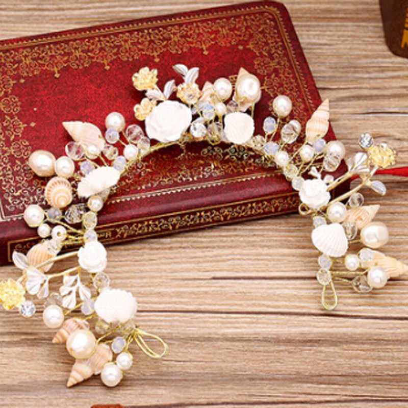 Promotion Seaside Romantic Fashion Shell Artificial Flowers Luxury Wedding Bridal Crowns Headbands Tiara Rhinestone Hair BandX240913