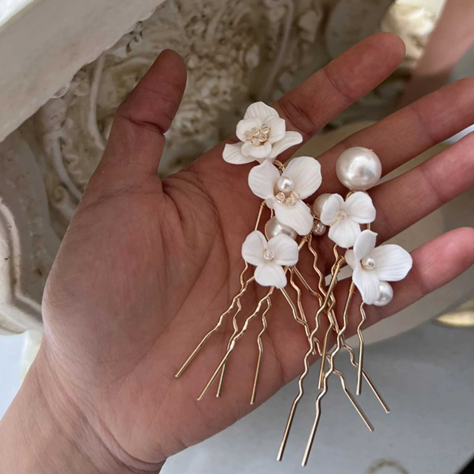 Simple U Shaped Hair Sticks Bride Wedding Headdress White Porcelain Flower Hairpins Hair Clips Bridal Jewelry Fairy HeadpiecesX240913
