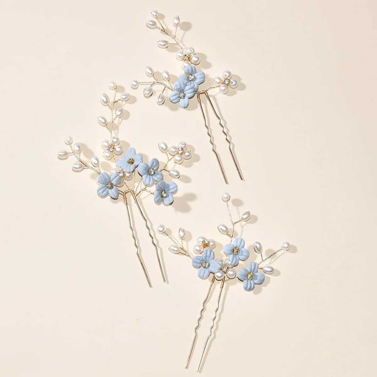 3pcs Blue Flower U Shaped Hair Pins Pearl Elegant Hair Clips Headwear for Wedding Bridal Hairclip Women Hair Jewelry AccessoriesX240913