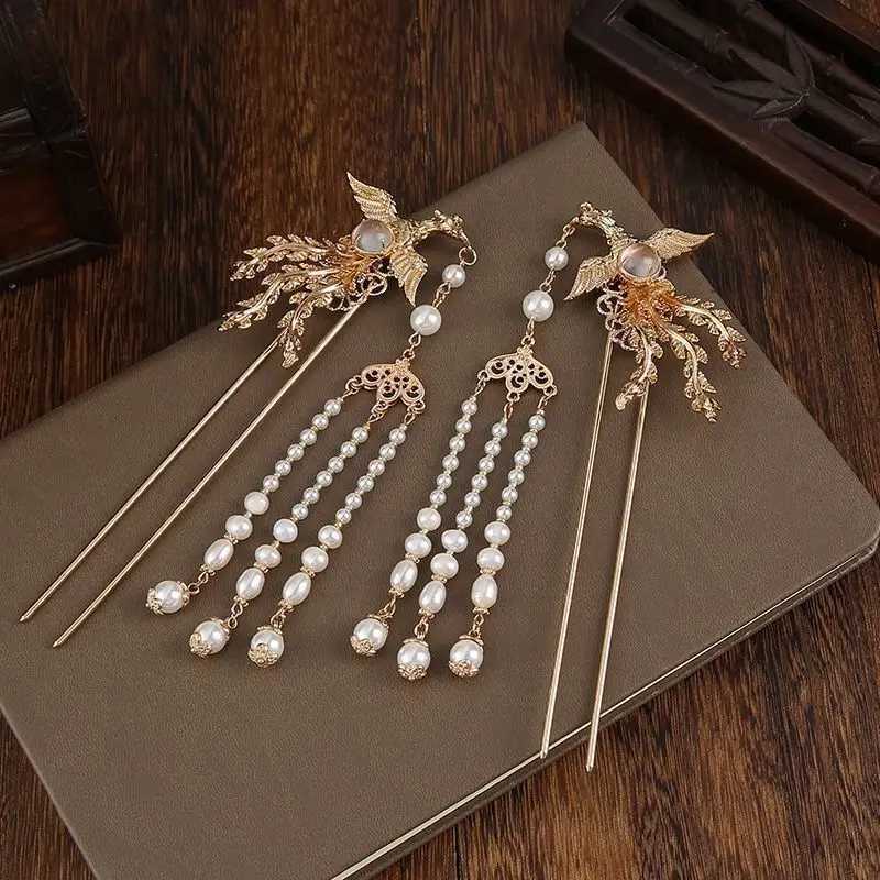 Womens Gold Plated Phoenix Hair Crown With Pearl Tassel Set Chinese Hanfu HeaddressX240913