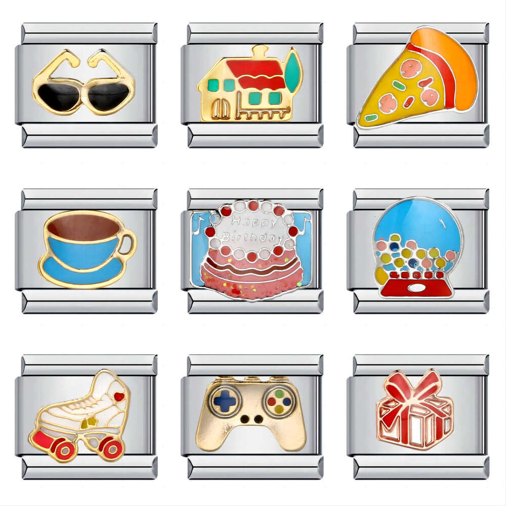 Titanium Steel Welded Gold-Plated Drop Oil Cartoon DIY Module Bracelet Italian Charm Bracelet Charm Links Stainless Steel Fit 9Mm Jewelry Making Gifts