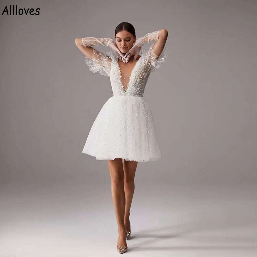 Neck Mini Plunging V A E Wedding Dresses Tulle Pearls Beaded Boho Beach Bridal Gowns With Puffy Short Sleeves Sexy Open Back White Reception Dress For