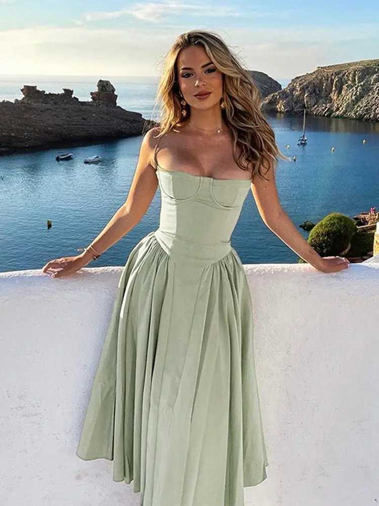 Sexy solid pleated hem camisole dress for womens fashion Midi sleeveless backless dress for womens 2024 summer party evening A-line robe W240913