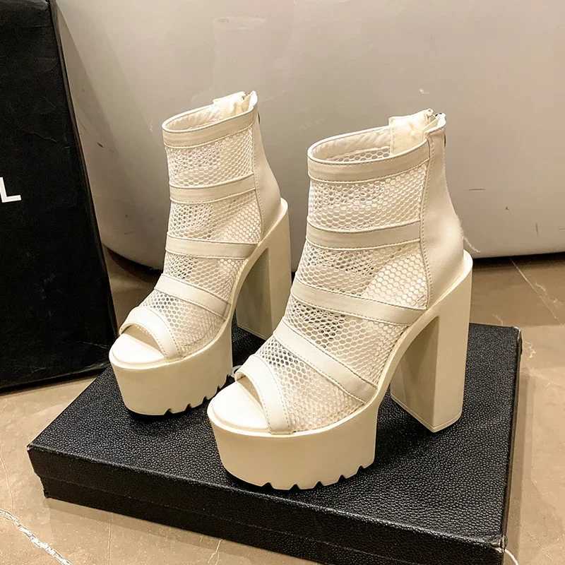 Black 14CM High Heels Sandals Gothic Peep Toe ZIpper Ankle Boots Women Breathable Mesh Summer Waterproof Platform Boot M240912