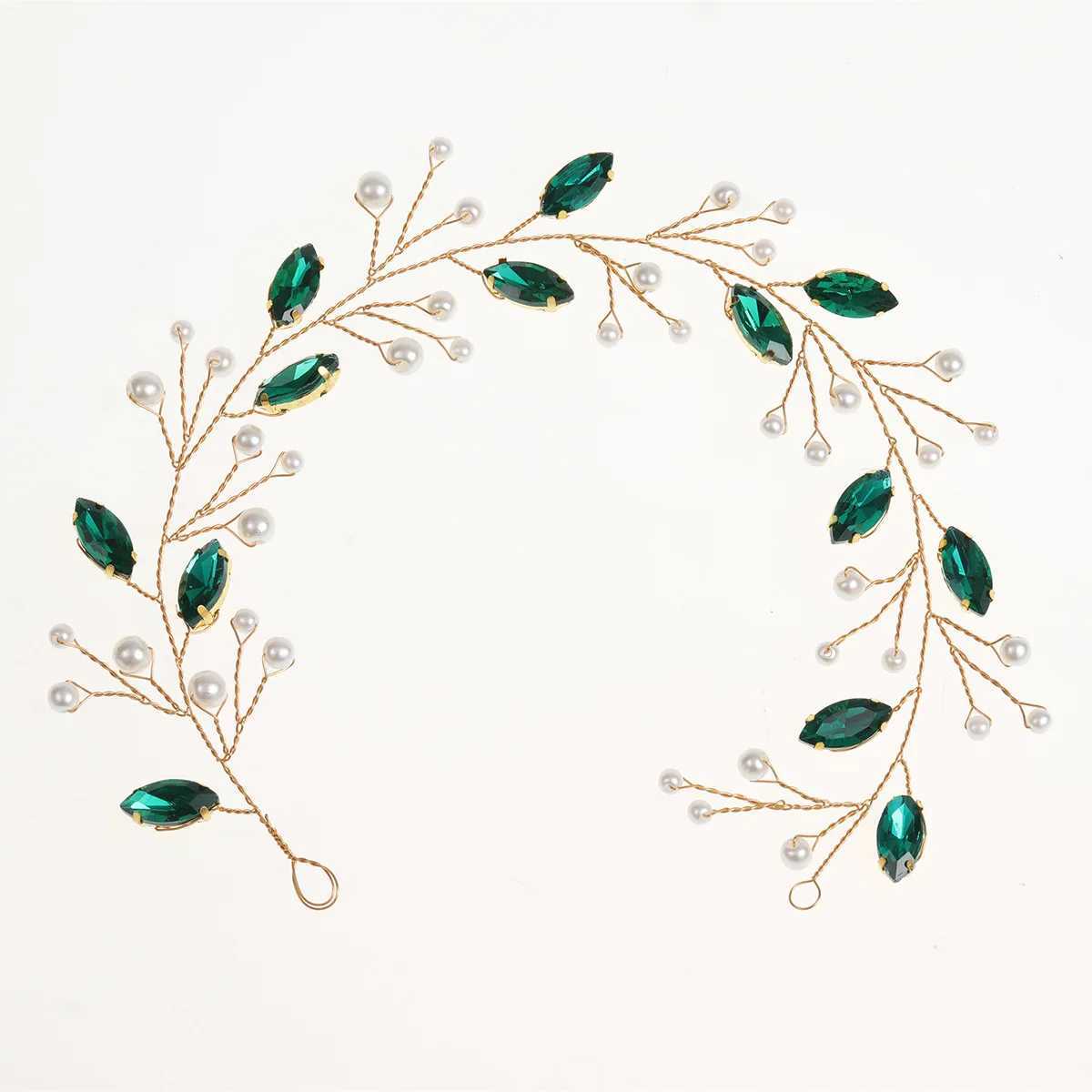 Women Emeralds Rhinestone Crystal Headband Wedding Hair Accessories Luxurious Pearl Bride Headwear Jewelry VineX240913