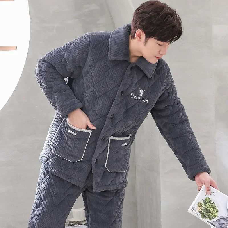 Men Pajamas Winter Three-layer Thickening Plus Velvet Coral Fleece Cotton Male Suit Flannel Warm Home Clothing Autumn Homewear Y240913