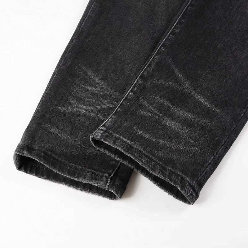 Men Cracked Leather Patch Biker Jeans Streetwear Pleated Patchwork Holes Ripped Stretch Denim Pants Skinny Tapered Trousers M240912