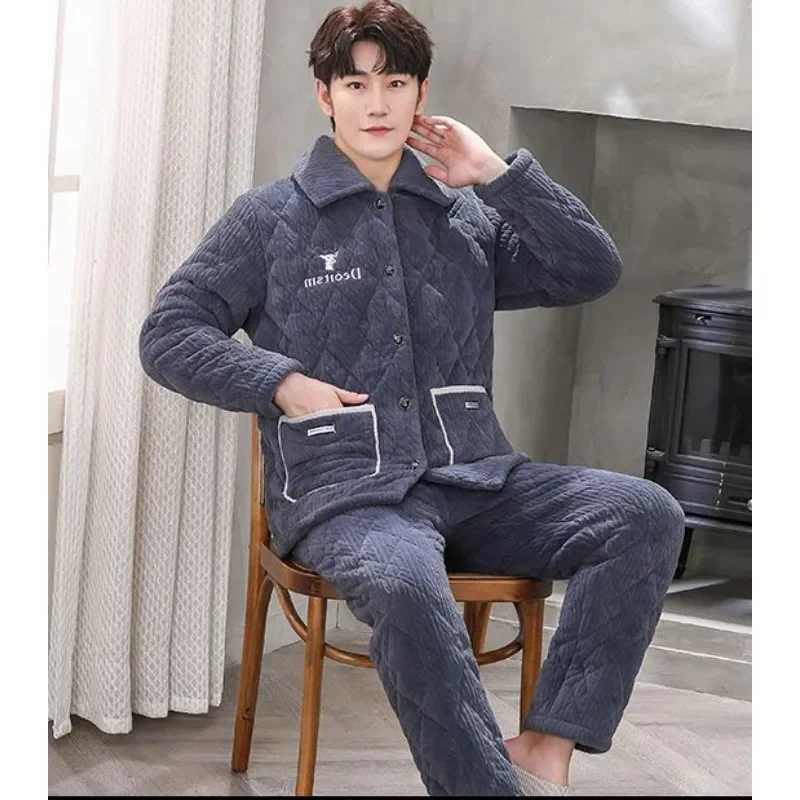Men Pajamas Winter Three-layer Thickening Plus Velvet Coral Fleece Cotton Male Suit Flannel Warm Home Clothing Autumn Homewear Y240913
