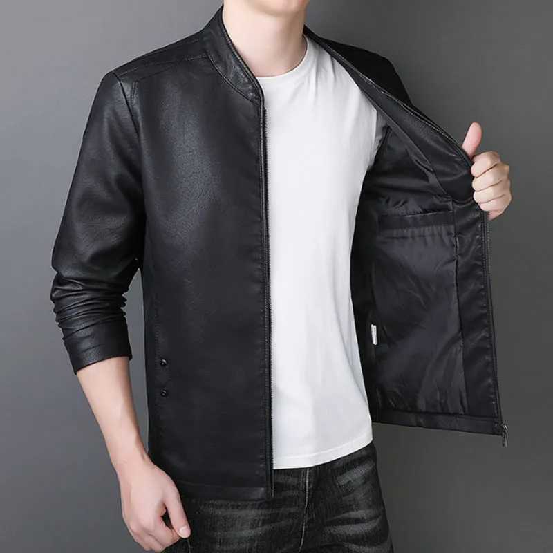 Trend Motorcycle Jacket Mens Fashion Leather Jacket Slim Fit Neckline PU Jacket Male Anti-wind Motorcycle Jackets Men Biker CoatX240913
