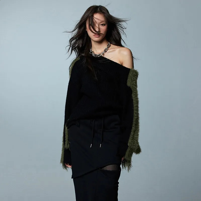 Karrcat Grunge Aesthetics Distressed Sweater Vintage Off Shoulder Knitted Pullover Korean Fashion Irregular Patchwork Knitwear 240911