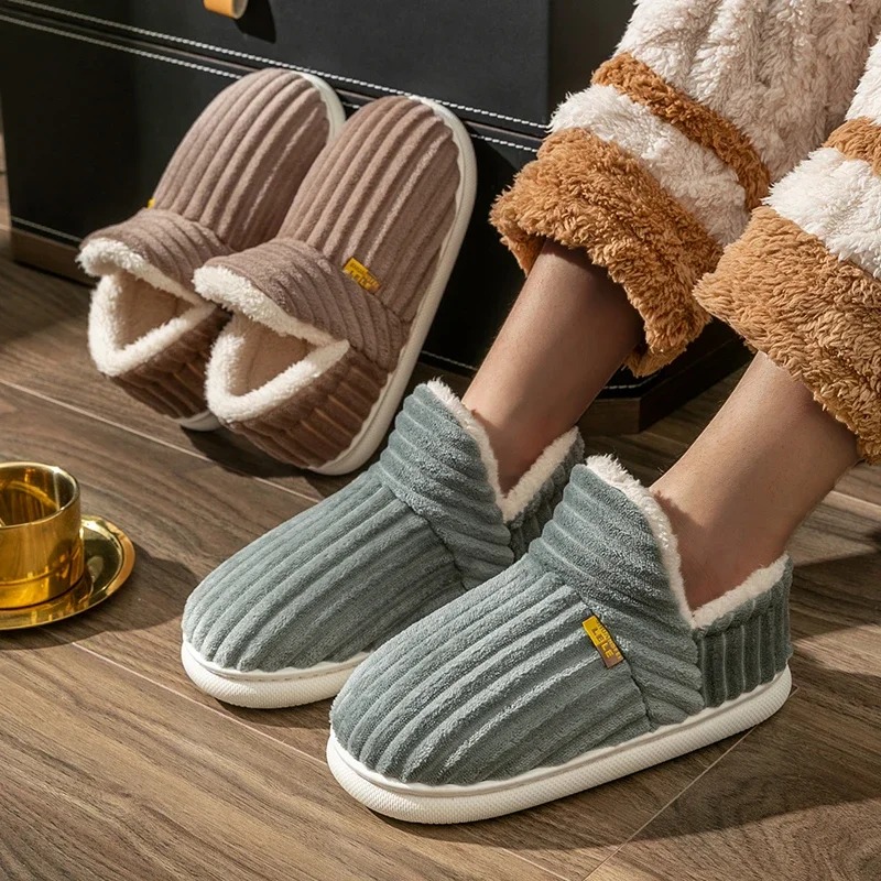 Winter Couple Style Concise Stripes Wrap Heels Plush Slippers Ladies' Non-Slip Soft Warm Flip Flops Men Home Casual Cotton Shoes 453