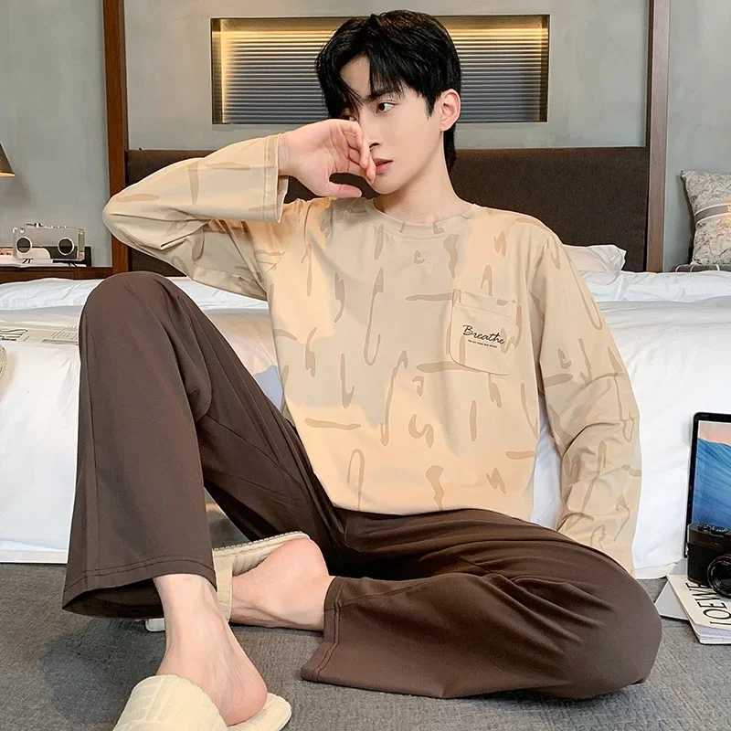Mens Two-Piece Pajamas Autumn New Cotton Mens Pajamas Long-Sleeved Trouser Student Teenage Homewear Suit pijama hombre Y240913