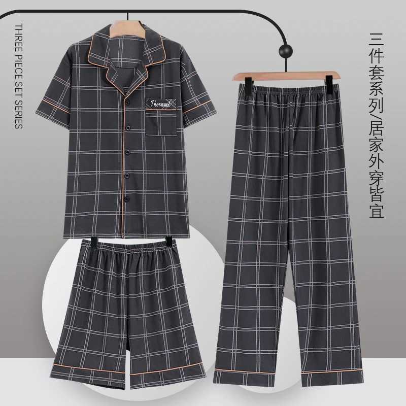 Cardigan Plaid Tops+Shorts+Long Pants 3 Piece Set Men Pajamas Sets Soft Cotton Nightwear Summer Pyjamas Male Sleepwear Pijamas Y240913