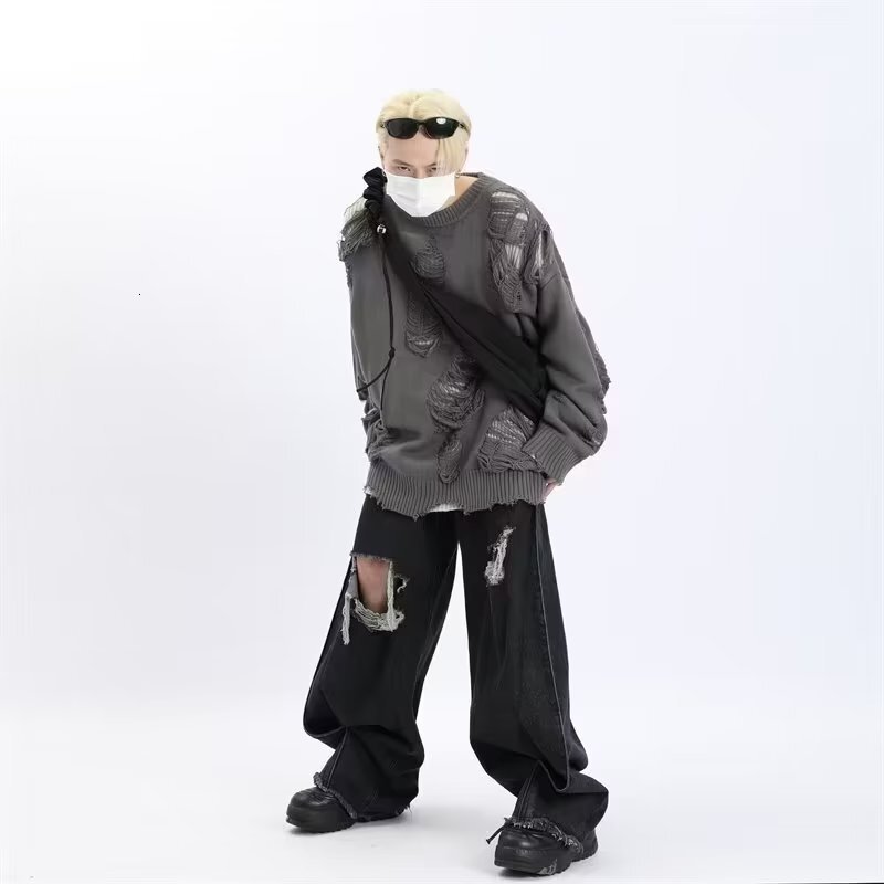 Halloween Men Sweaters Shabby style Fake two sweaters for men in winter thick and perforated trendy knitted sweater lazy style Mens crew neck sweater