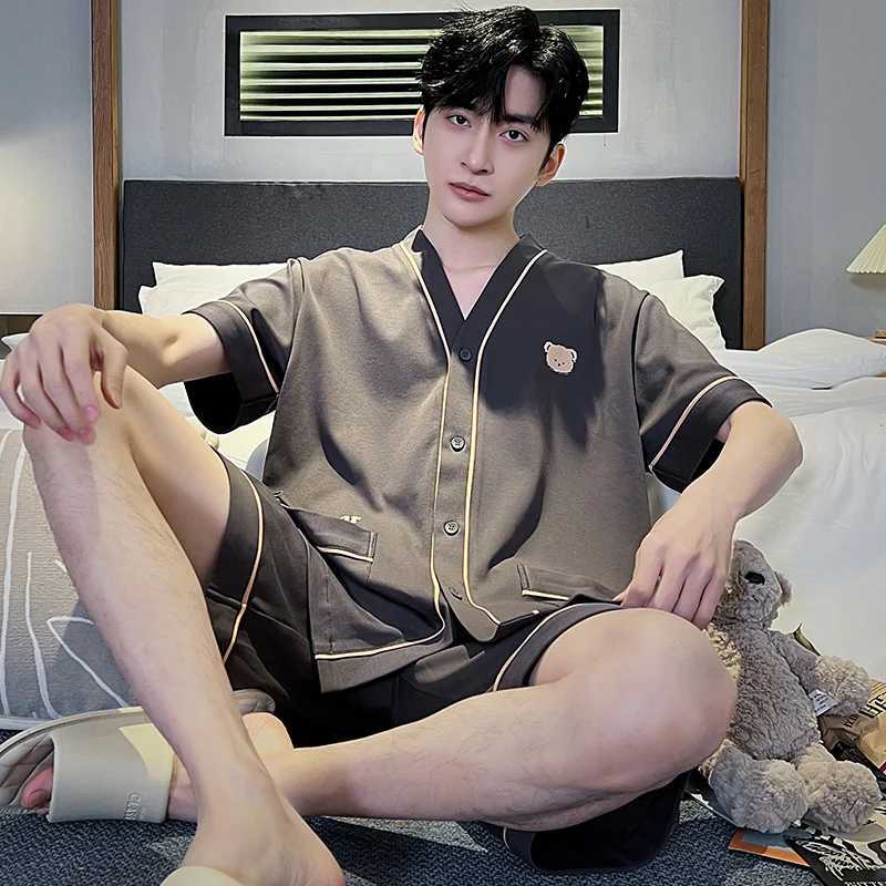 Japan Kimono Mens Sleepwear Summer Cotton Short Sleeves Pajamas Set Casual Loungewear for Man Cardigan Leisure Pijamas Dropship Y240913