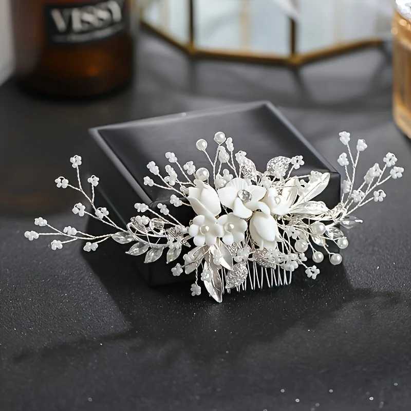 Bridal Rhinestone Ceramic Flower Side Comb Hair Clip Headpiece Wedding Hair Accessory Styling Hair Clip Headband Wedding PartyX240913