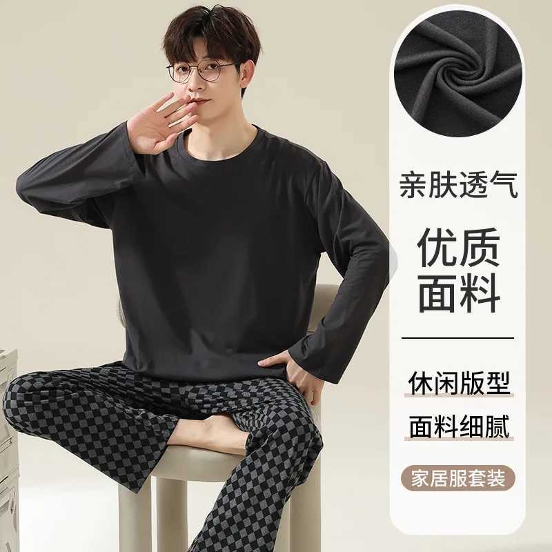 Pajamas Mens Spring and Autumn Cotton Long Sleeve Trousers Teenager plus size can wear outside loungewear set Male Pyjamas Y240913