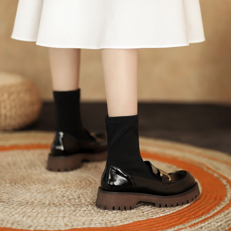 2024 Winter Fashion Genuine Leather Platform Heels Round Toe Solid Fall Shoes Women Stretch Boots e471