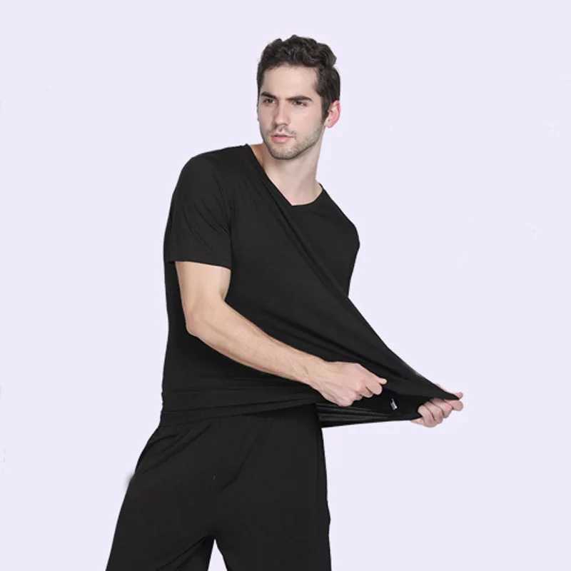 Bamboo Fiber Mens Lounge Wear Comfort Soft Sleepwear For Sleeping Short Sleeve Tshirt Top Male Trouser With Pocket Pajamas Sets Y240913
